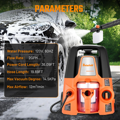 This Hill 4-in-1 Pressure Washer and Wet/Dry Vacuum, 2800 PSI Max 1.7 GPM Electric Power Washer, 1400W Multi-Function Cleaner with Blower and Foam Cannon for Cars, Patio, Garage and Home Cleaning
