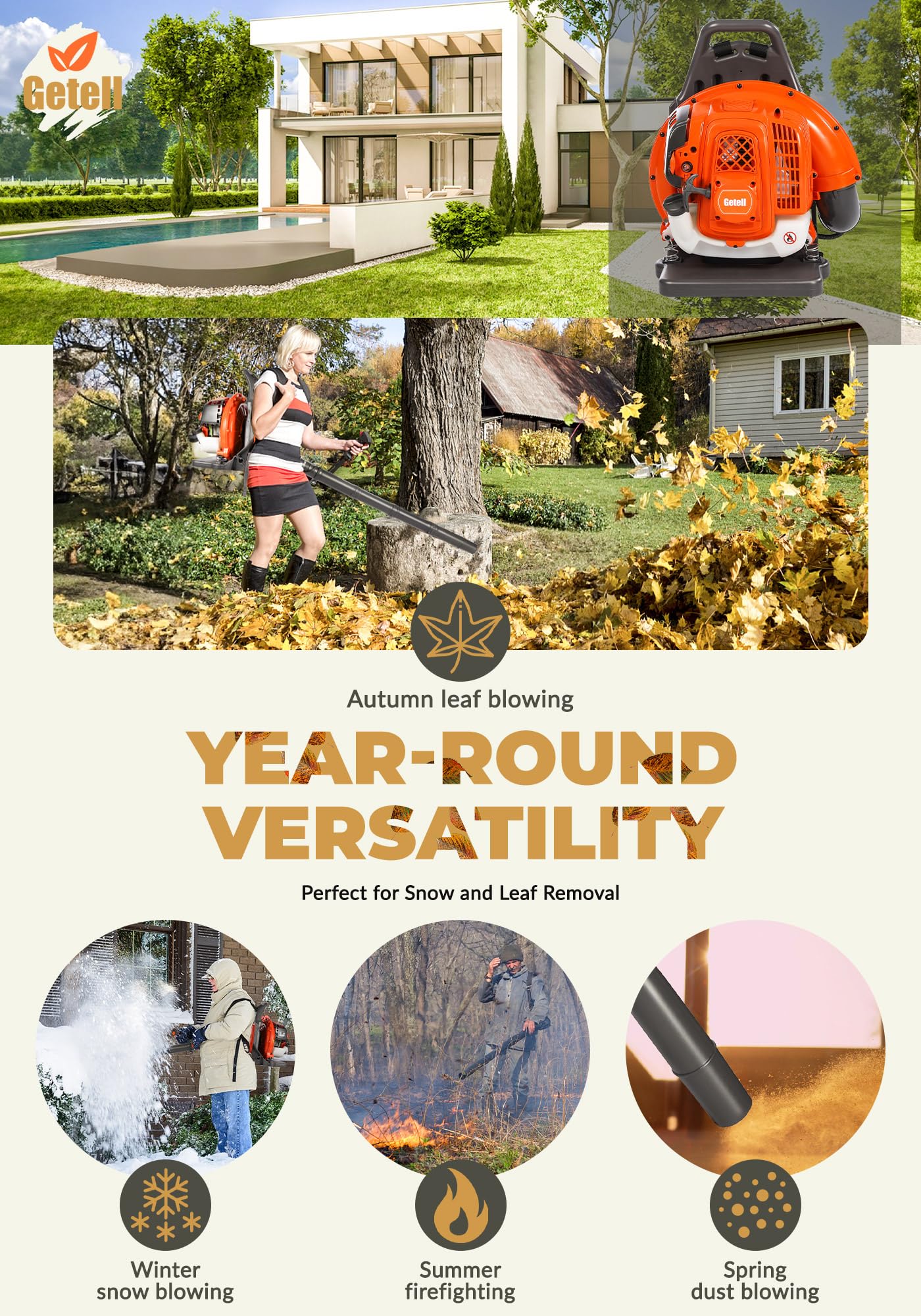 Getell Backpack Leaf Blower Gas Powered - 65CC 2-Stroke Engine, 850 CFM 205 MPH Commercial Grade Yard Blower for Heavy Duty Lawn Care, Wet Leaf & Debris Removal - Lightweight 17.5 LB (Orange)