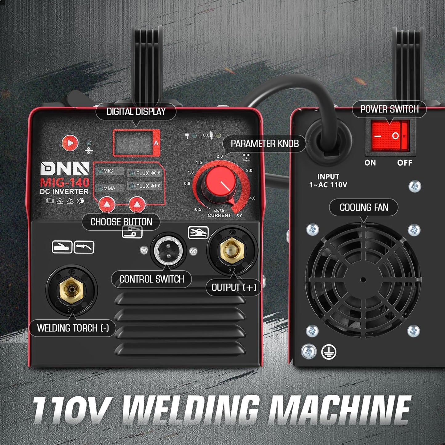 DNA Motoring 140A Portable MIG Welder, 110V Flux Core Welder, 2-in-1 Stick MMA/Flux MIG Welding Machine IGBT Inverter, Automatic Wire Feeding Welder Machine, w/LED Digital Display, TOOLS-00714-RD