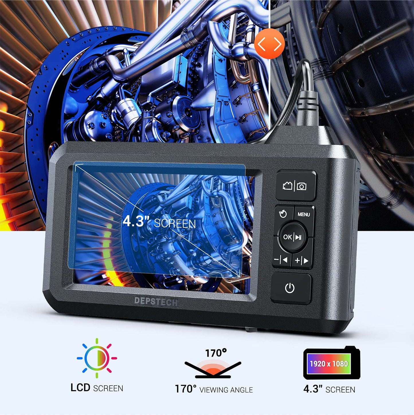 DEPSTECH DS300 Dual Lens Industrial Endoscope, 1080P Digital Borescope Inspection Camera, 7.9mm IP67 Waterproof, 4.3" Screen Sewer Camera,DS300 5.5mm 1080P HD Digital Camera,16.5FT Semi-Rigid Cable