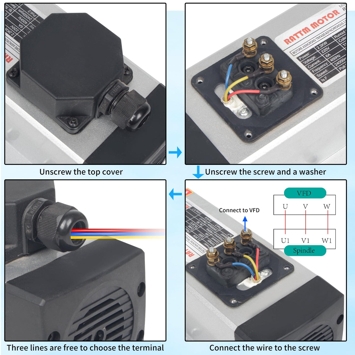 RATTMMOTOR CNC Spindle Motor Kit 220V 2.2KW Square Spindle Motor Air Cooled ER20+2.2KW VFD Inverter 220V Variable Frequency Drive Single to 3 Phase Converter for CNC Milling Machine