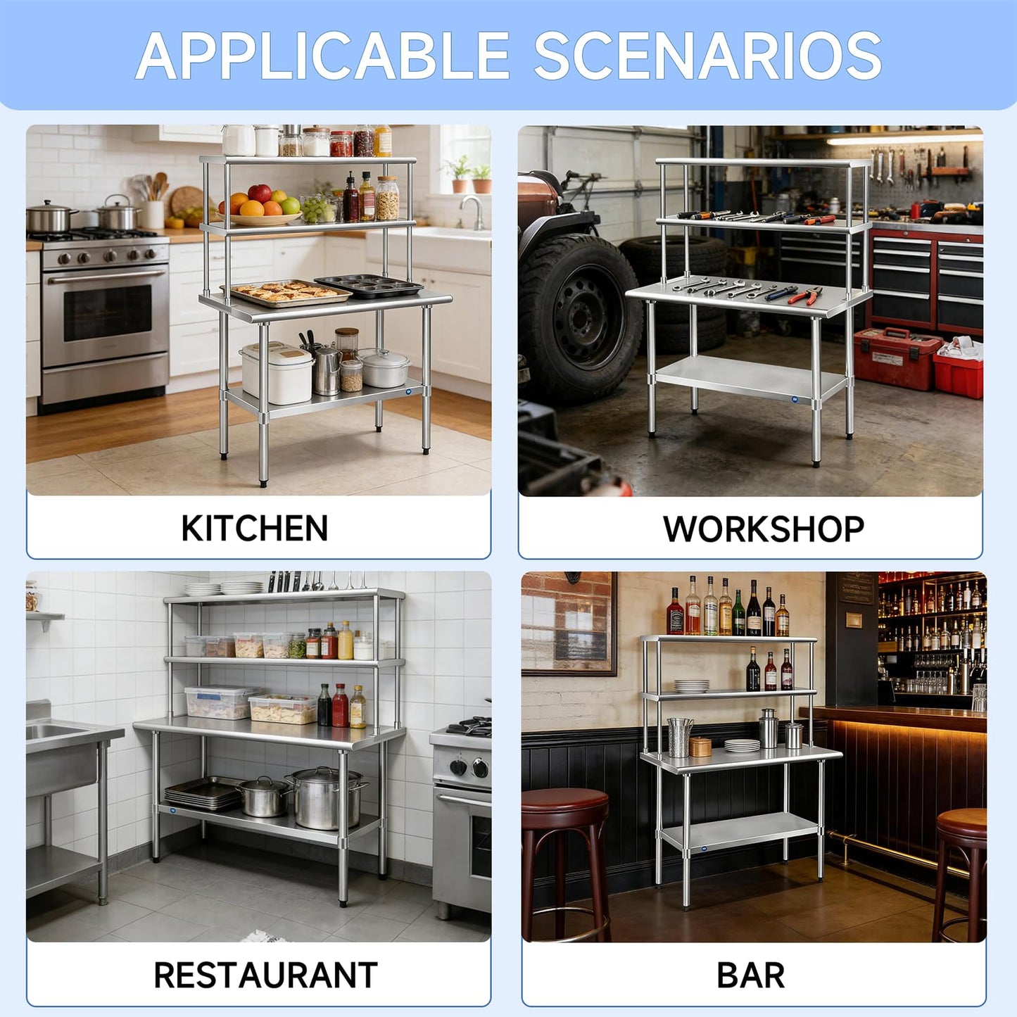 ROCKPOINT Stainless Steel overshelf for Prep Work Table 12" D x 60" W,Commercial Double Overshelf in Kitchen, Home,Restaurant,Garage with countertop Capacity 400lb
