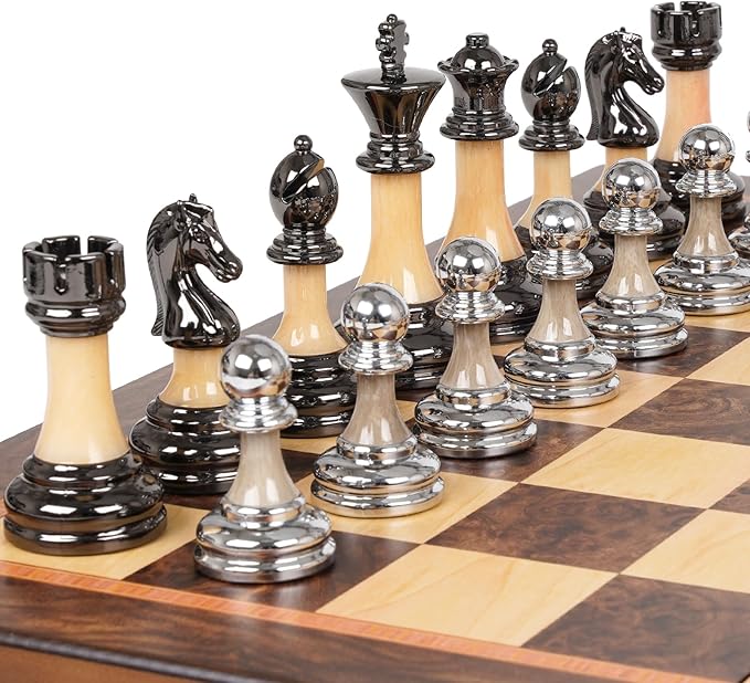 Luxury Large Chess Set 17 Inch Wooden Chess Board with Metal and Acrylic Chess Pieces 3.5 King 2 Extra Queens Foldable Tournament Chess Set for Adults and Kids Gift Display Chess Game Collection