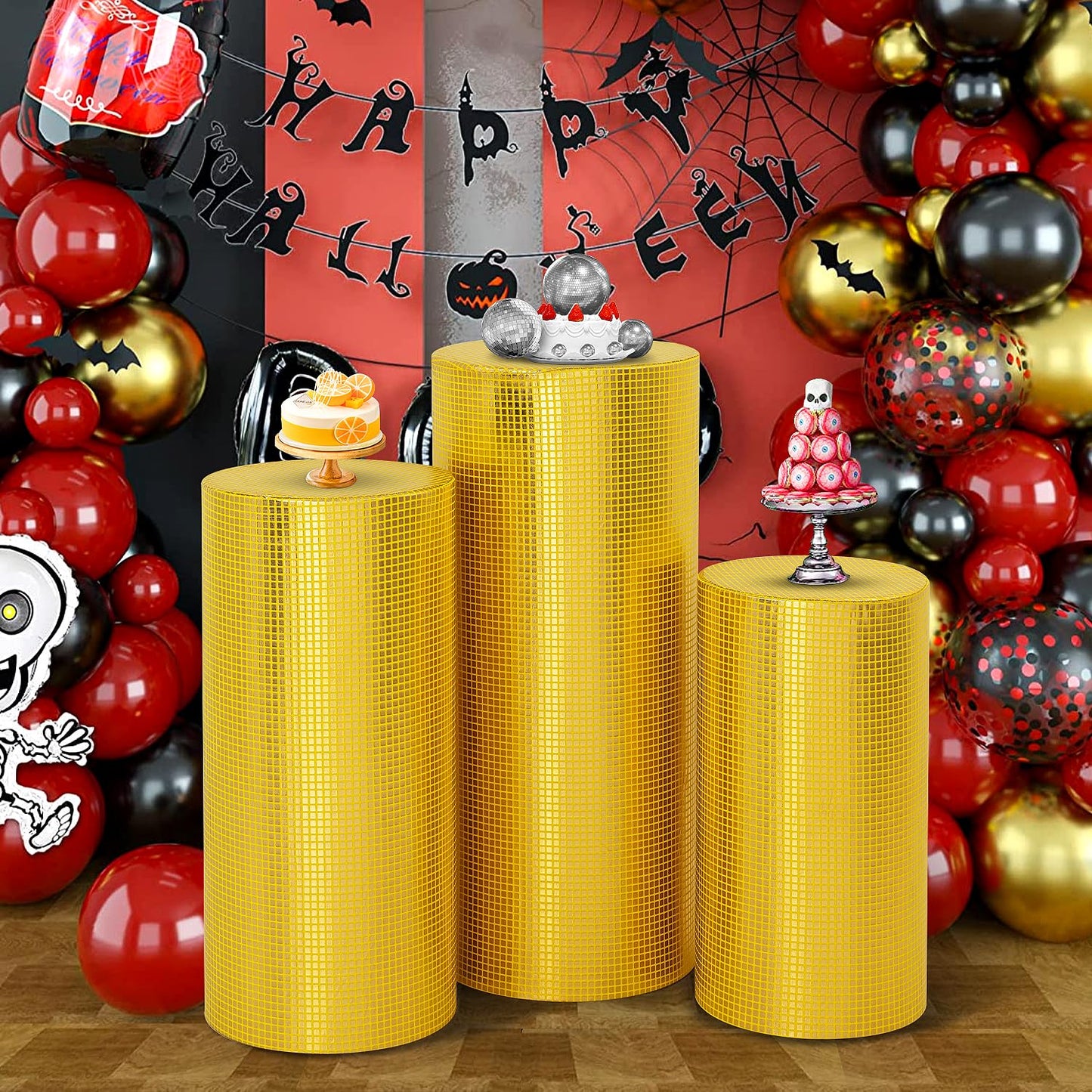 SaitiMade Set of 3 Gold Cylinder Pedestal Stand Covers, 3pcs Spandex Disco Cylinder Stand Covers for Party, Wedding or Birthday Event Decor (Only Contains Cylinder Covers)
