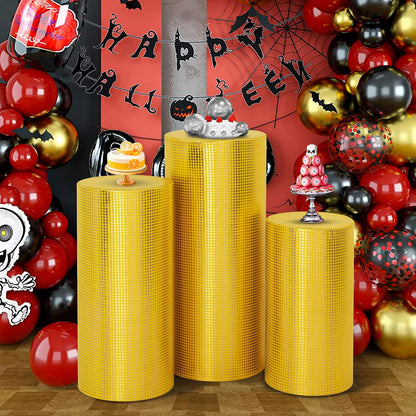 SaitiMade Set of 3 Gold Cylinder Pedestal Stand Covers, 3pcs Spandex Disco Cylinder Stand Covers for Party, Wedding or Birthday Event Decor (Only Contains Cylinder Covers)