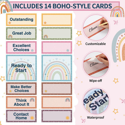 Pasimy 59 Pcs Student Behavior Clip Chart for Classroom Management Kids Track Reward Incentive Behavior Pocket Chart Boho Bulletin Board Teacher Supplies for School Office (Modern Boho)