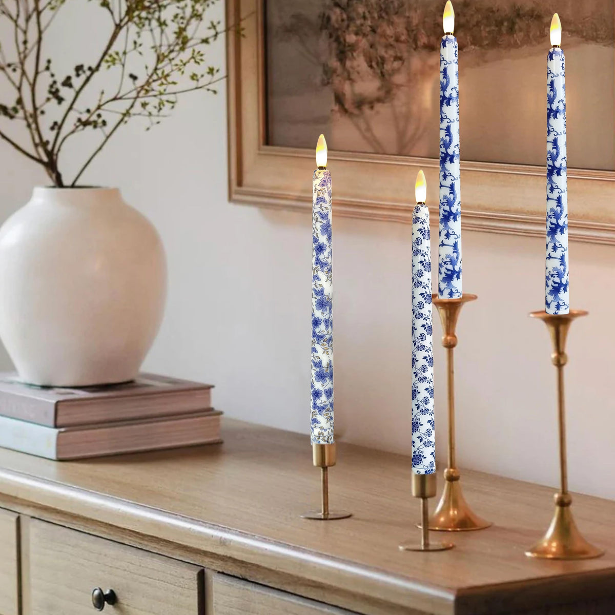 FCMSHAMD 6PCS Blue and White Porcelain Flameless Taper Candles, 11 Inch LED Candlesticks Battery Operated with 11-Key Remote and Timer, 3D Flickering Flame Lights for Wedding Party Home Decor Gifts