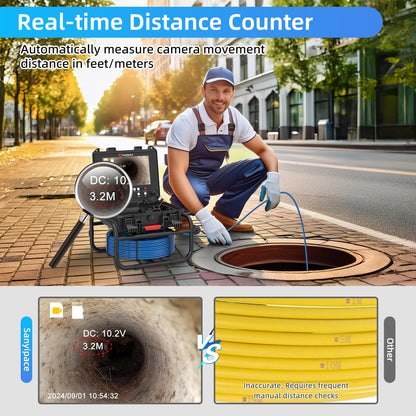 Sanyipace Drain Camera 100FT/30M, 23mm/0.9in FHD Sewer Inspection Camera, 5X Zoom, Distance Counter, 9" IPS Screen, DVR & Voice Recorder, 16GB Card, for Sewer Line, Pipe, Duct, Plumbing, Plumber, Home