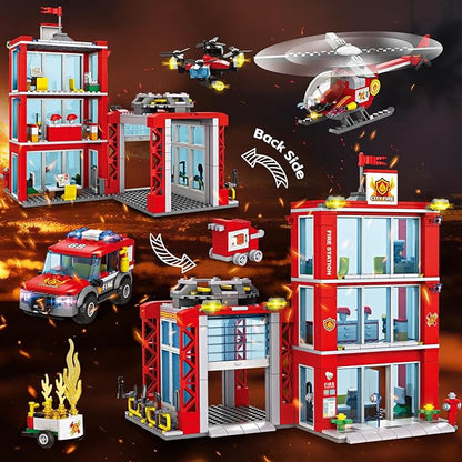 City Fire Station Building Kit Compatible with Lego Fire Rescue Building Blocks Includes Fire Station Fire Truck Fire Helicopter and Drone Toy Set Gift for Kids Boys Girls Age 6-12（784 PCS）