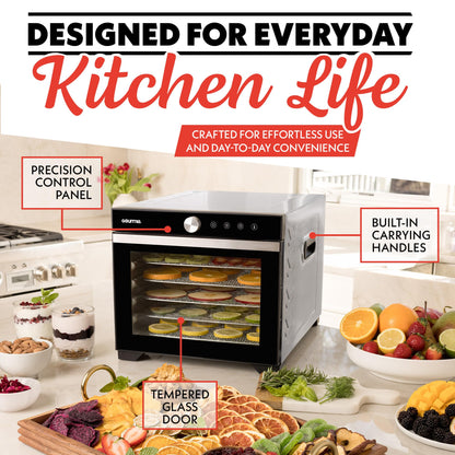 Gourmia Digital Food Dehydrator – 6 Stainless Steel Trays, 360° Airflow, One-Touch Presets, Adjustable Temp 95–165°F, Timer, Glass Door, Quiet Operation, 600W – Healthy Snacks, Jerky, Fruits & More