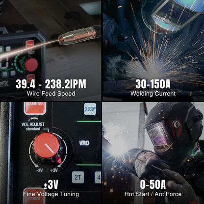 LOTOS OPTIMA 150A MIG Welder, 3-in-1 Synergic MIG Flux Core/MMA/TIG Welding Machine, 120V Portable IGBT Inverter with Large LED Display, 2T/4T/Spot Modes, Wire Feed 0.030"/0.035"