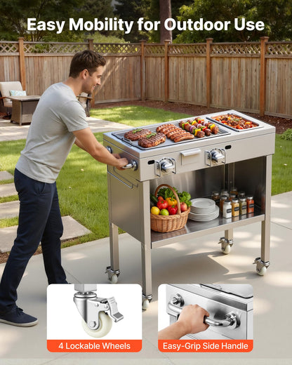 VEVOR Outdoor Propane Griddle, 2 Burners (11,600 BTU Each), Commercial Stainless Steel Gas Griddle Cart with 4 Lockable Wheels, 1/3 Food Pan, Easy-Grip Side Handle, Ideal for Hot Dogs, Burgers & Meats