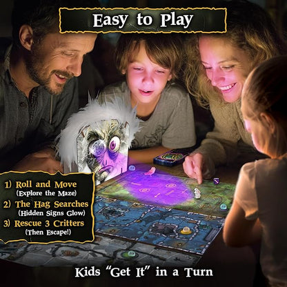 Enchanted Maze - A Light Up Board Game for Families | Ages 5+ 1-6 Players | Cooperative Competitive and Solo Play Options | with “Secret” LED Light up Tiles dice Animal Figurines and a Hag!