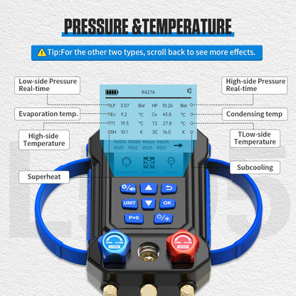 R454B R134A Digital Manifold HVAC Gauge Set,95 Refrigerants Dual Pressure&Temp Test with Temperature Clips and Hoses Vacuum AC Gauges for R1234YF R134A R404A R410A R32