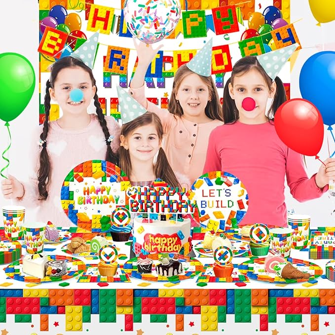 Building Blocks Birthday Party Supplies 10 Guests Building Blocks Tableware Set Building Blocks Party Plates Napkins Backdrop Balloons etc Building Block Party Decorations