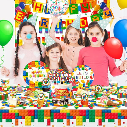 Building Blocks Birthday Party Supplies 10 Guests Building Blocks Tableware Set Building Blocks Party Plates Napkins Backdrop Balloons etc Building Block Party Decorations