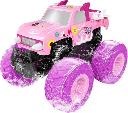 Threeking 1:16 Waterproof Pink RC Monster Truck Toys Amphibious Remote Control Car Pickup 4WD All-Terrain Toy Gift for Girls Ages 6 7 8 9 10 11 12 Durable Off-Road Fun for Indoor &amp Outdoor Play