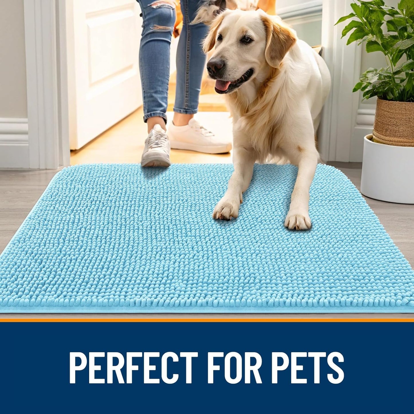 OLANLY Dog Door Mat - Absorbent Non-Slip Washable Chenille Mat for Muddy Paws | 59x35 Inches, Blue