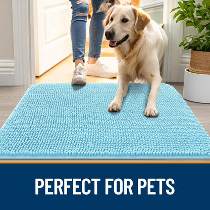 OLANLY Dog Door Mat - Absorbent Non-Slip Washable Chenille Mat for Muddy Paws | 59x35 Inches, Blue