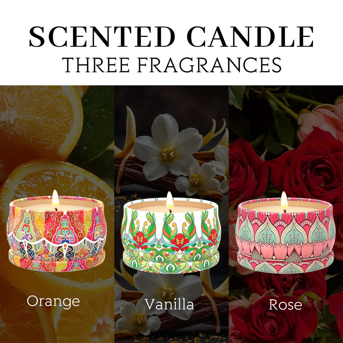 Scented Candles Gift Set,3 Pack Candles for Home Scented, Long Lasting Soy Wax Aromatherapy Candle Set, Gifts for Women with Gift Box(Rose.Vanilla.Orange)