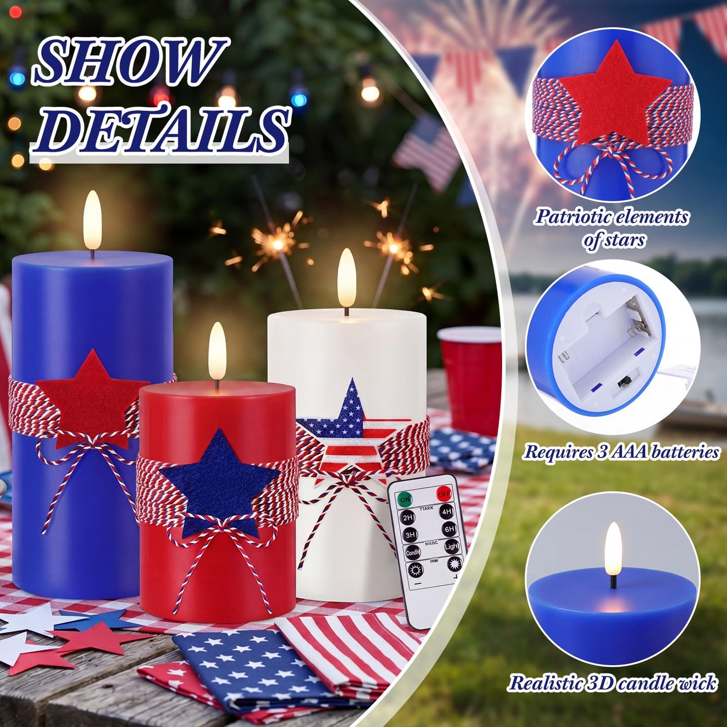 4th of July 4" 5" 6" Flameless Pillar Candles with Remote, Set of 3 Patriotic Red White Blue Battery Operated LED Candle with Star Felt, Independence Day Decorations for Home Party Table Fireplace
