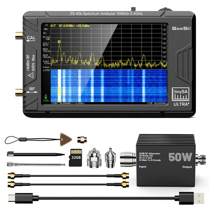 SeeSii TinySA Ultra+ ZS406 Spectrum Analyzer with 50W Attenuator, 4.0 Inch 100kHz to 5.4GHz Handheld Tiny Frequency Analyzer with 32Gb Card,100kHz to 800MHz MF/HF/VHF UHF Input, 2025 Upgraded