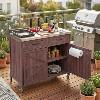 Merax Farmhouse 39.4" Grill Cart with Drawer, Storage Cabinet and Stainless Steel Top, Outdoor Grill Station w/Internal Racks & Lockable Wheels, Modular Kitchen Island for Food Prep & BBQ, Dark Brown