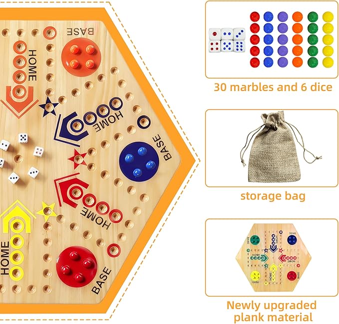 Wooden Board Game Original Marble Game Double Sided Painted 2 to 6 Player Fast Track Board Game Wooden with 6 Colors 24 Marbles 6 Dice for Adults Kids Family(15 INCH)