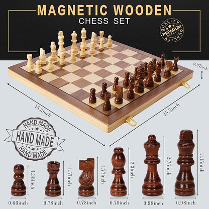 Magnetic Wooden Chess Set for Adults Kids 15 Folding Chess Boards with 2 Extra Queens Portable Travel Chess Sets with Pieces Storage Slots Beginner Chess Game Set for Kids Adults