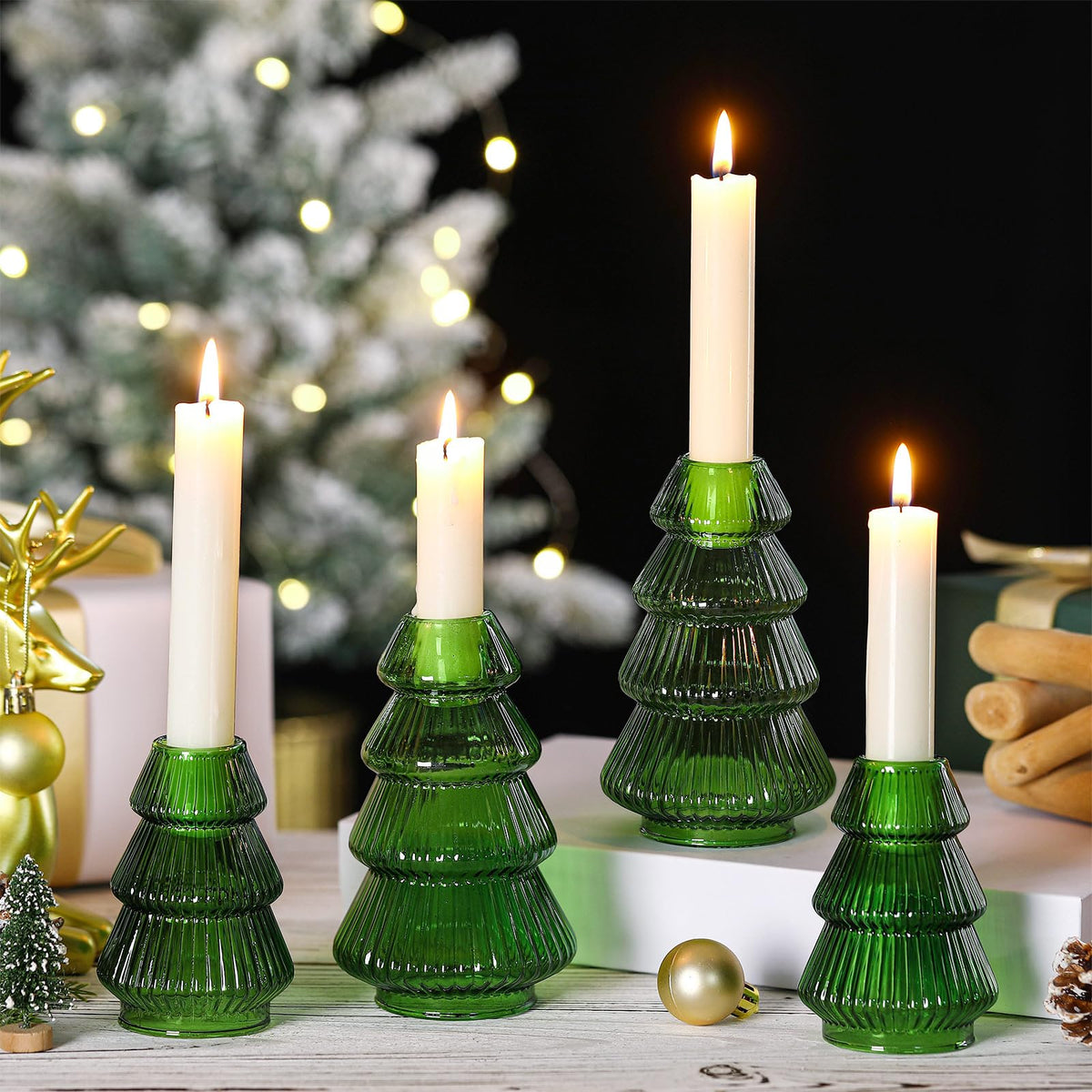 Leinuosen 4 Pcs Christmas Tree Candle Holder Green Glass Candlestick Holder for Taper Candle Stand Modern Green Candlestick for Christmas Holiday Table Centerpiece Mantel Home Room Party Decor Gift