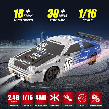 RC Drift Car Remote Control Cars 1/16 2.4GHz Drifting RC Car 4WD Remote Control Drift Cars with Spray LED Lights and Drifting Tires Toy Cars for Adults Boys Kids