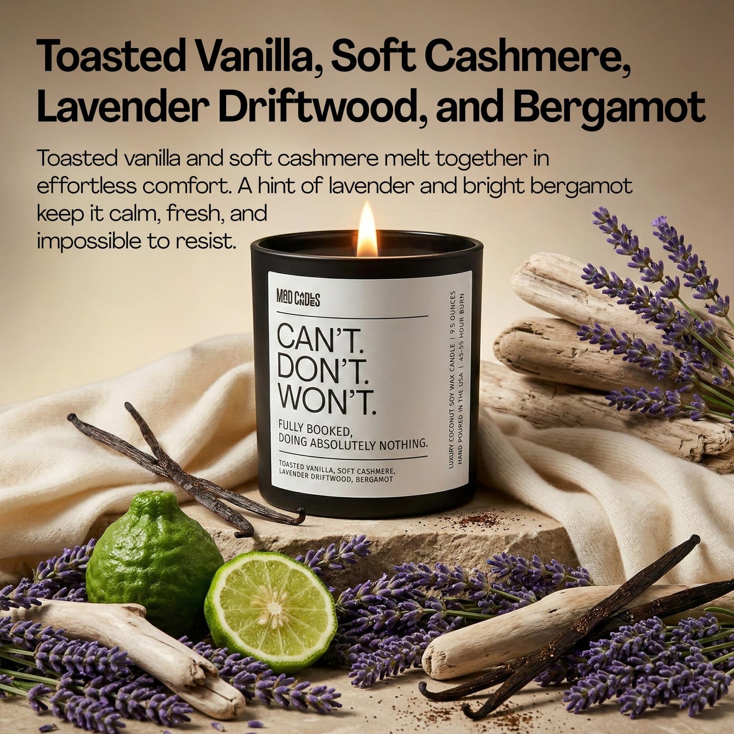 Mad Candles – Can’t. Won’t. Don’t. | Luxury Scented Candle for Relaxation & Home Décor | 9.5oz Coconut Soy Wax | Non Toxic Long Burn Candle Jar | Cozy Bedroom & Living Room Candle