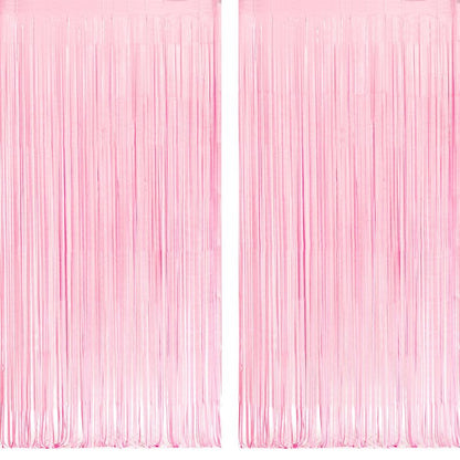 Pastel Pink Party Backdrop Decoration - GREATRIL Baby Pink Foil Fringe Streamers for Baby/Boo Day/Valentines/Cowgirl/Sweet/Cloud/Unicorn/Princess/Bow Themed - 3.2ft X 8.2ft - 2 Packs