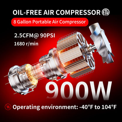 2 Gallon Portable Air Compressor 0.75HP 1.7 CFM@90PSI 60dB Ultra Quiet Oil Free Air Compressor Ideal for Tire Inflation Pneumatic Tool Spray Painting