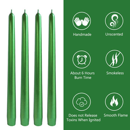 Emerald Green Taper Candles Set of 4, 10 Inch Handmade Candle Stick, Metal Candlesticks, Unscented Tapered Candles for Christmas Dinner Table Decor Gift