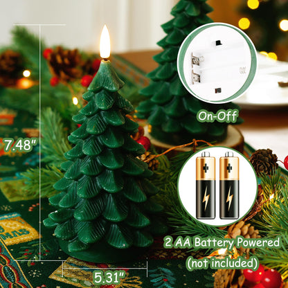 JOIONE Christmas Tree Flameless Candles with Remote Timer, Battery Operated Flickering Candles, LED Real Wax Candles for New Year Celebration, Christmas Decor, Set of 2, Green (3.15" X 7.48")