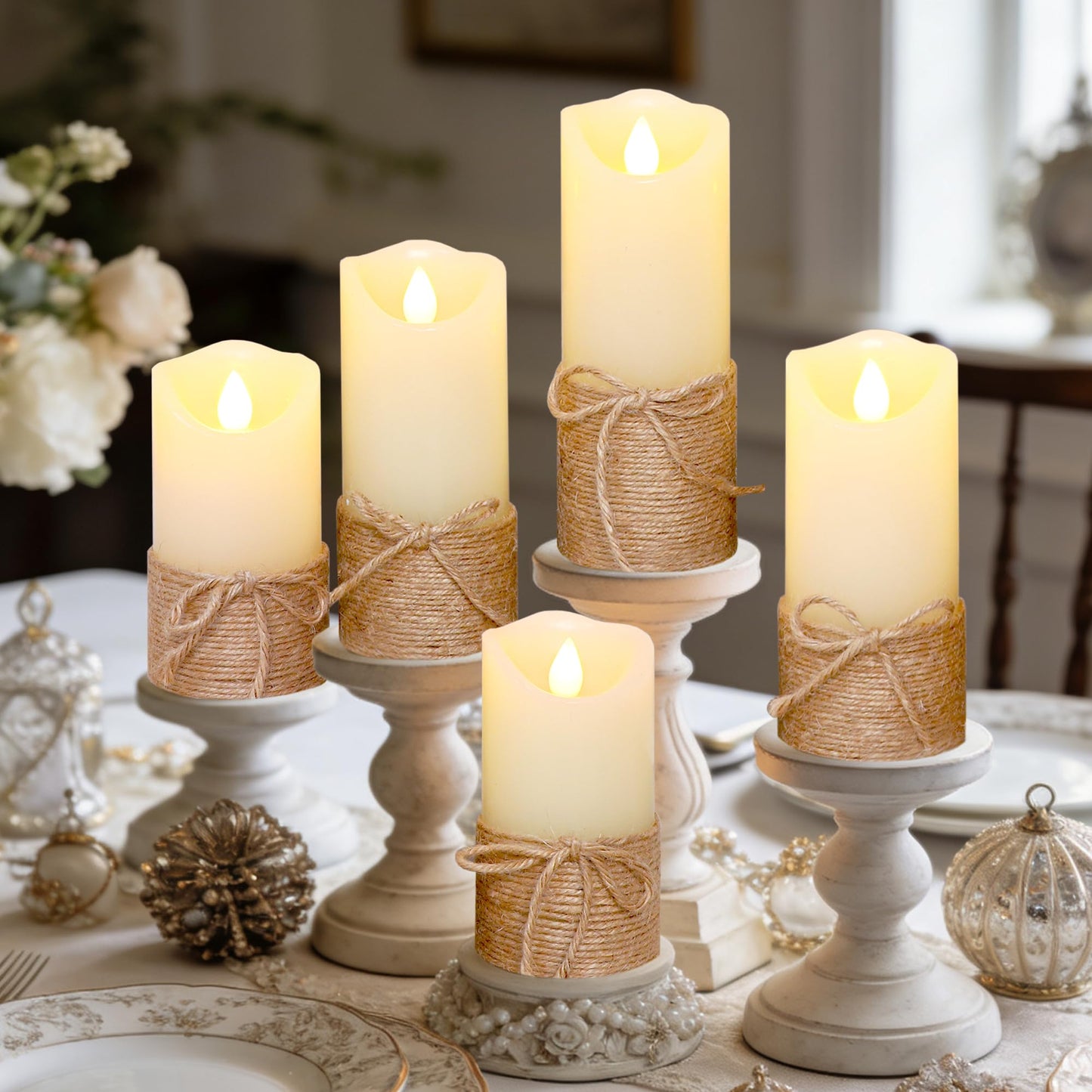Crystal Club Flameless Candles Flickering with Timer, Set of 5 Battery Pillar Candles with Hemp Rope, Realistic Wax Candle Lights for Summer Party Home Table Décor