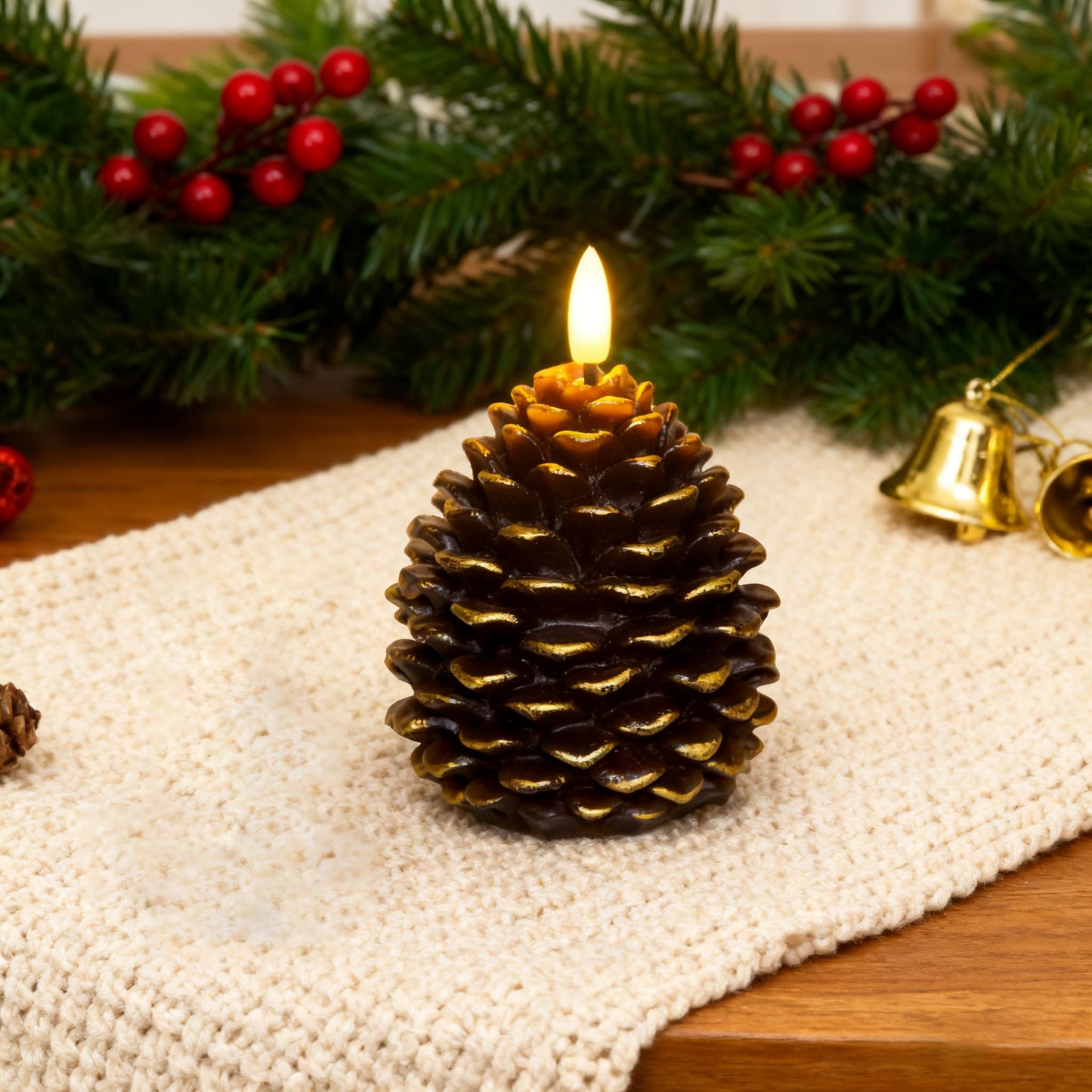 Guluto Flameless Pinecone Candles, Battery Operated Real Wax Candles, Led Flickering 3D Wick Candle with Remote and Timer for Christmas, Winter Holiday Decoration, 3.7'' x 5'' Brown