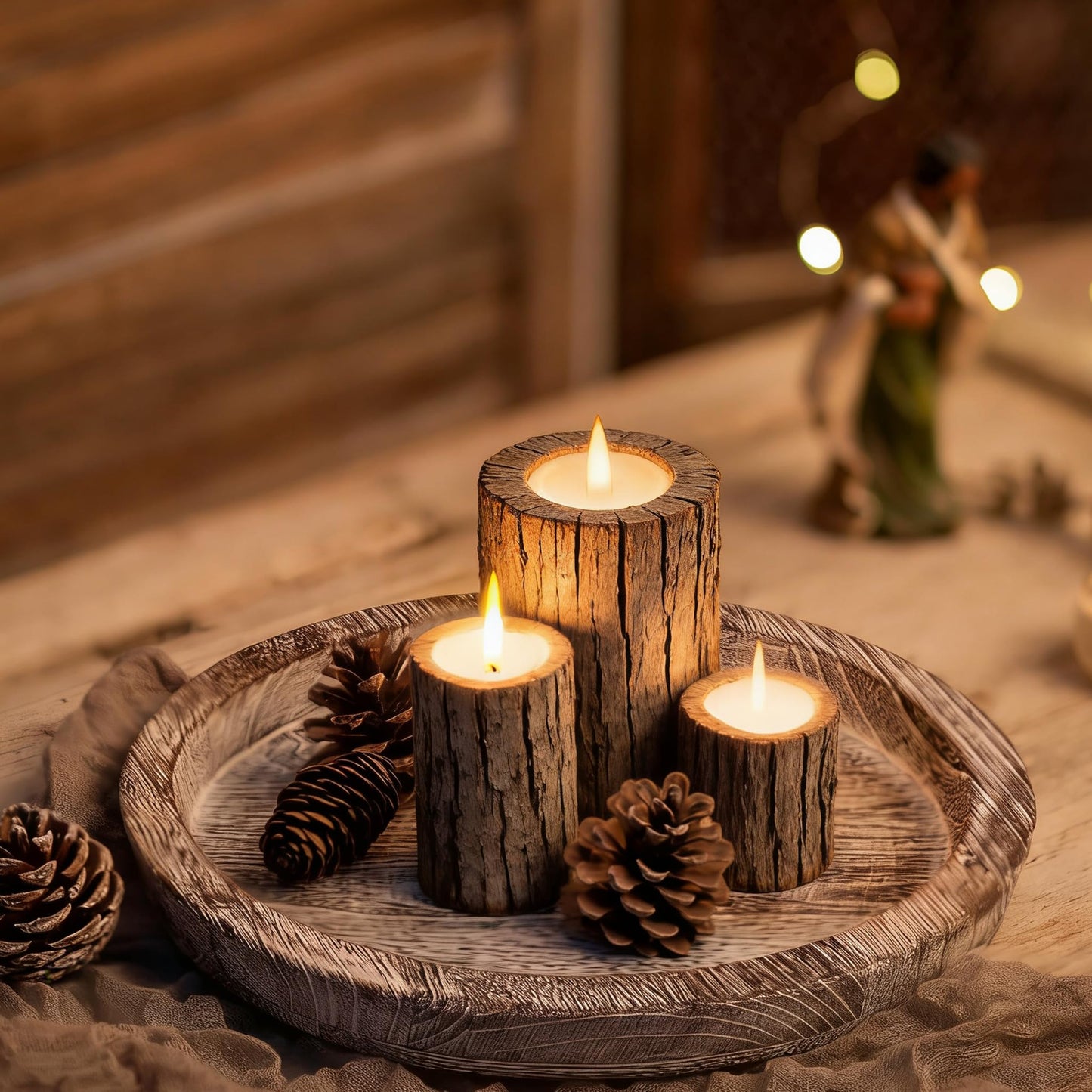 Hanobe Candle Plate Holder Tray: Round Wood Decorative Candle Plate - Rustic Farmhouse CoffeeTable Decor - Tealight Pillar Trays for Home Decor (Whitewash)