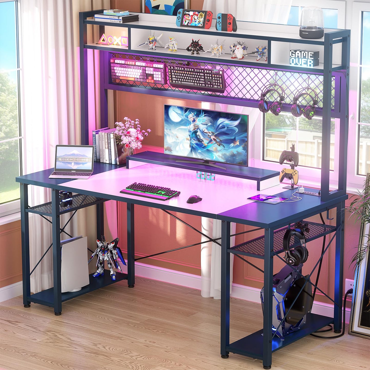 iSunirm 48 Gaming Desk with Hutch, Large Computer Desk with LED and Charging Station, Home Office Desk with Pegboard, Power Outlet, Storage and Monitor Stand, 48'' Gamer Desk PC Table, White