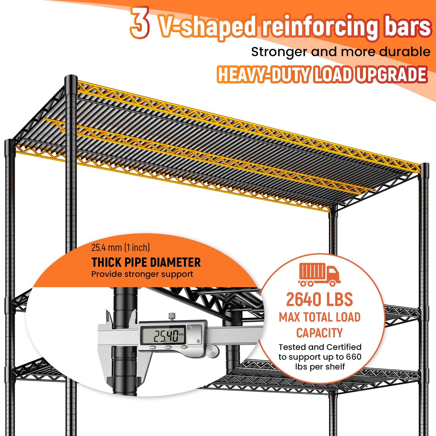 RackBro 60" W Storage Shelves 2640 LBS Heavy Duty Garage Shelving, Adjustable Wire Shelving Metal Shelving with Liners, Fits 27-Gallon Totes, 60" W x 18" D x 68.4" H for Commercial Warehouse, Black