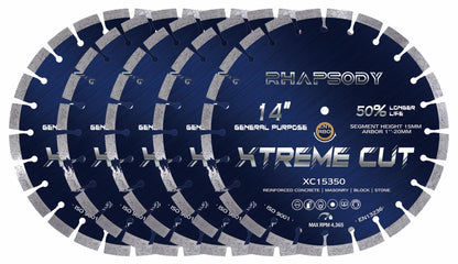 RHAPSODY 14 Inch Diamond Saw Blade 5Pcs, Segmented General Purpose for Dry/Wet Cutting Concrete, Reinforced Concrete, Masonry, Brick, Block - 1"-20mm Arbor