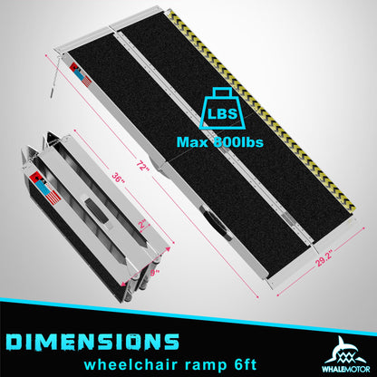 WHALEMOTOR Portable Wheelchair Ramp 6FT, Anti-Slip Aluminum Folding Portable Ramp, Wheelchair Ramps for Home, Weight Capacity Up to 800 LBS, with Transition Plates Above and Below, Loading Dock Plates