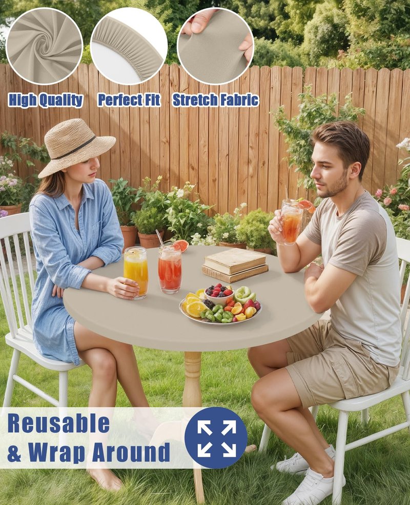 Moosfor Round Spandex Tablecloth, Elastic Fitted Waterproof Tablecloths for 57"-68" Tables, Stretch Washable Picnic Table Cover for Camping, Dining, Indoor and Outdoor, Taupe