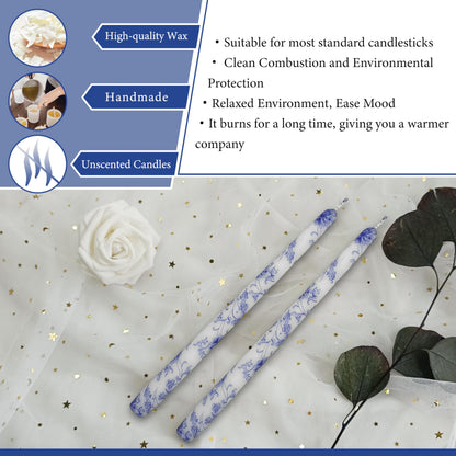 Printed Taper Candles 10 INCH Handmade Candles Unscented Smokeless Candlesticks Blue and White Porcelain Pattern Candle for Home Wedding Dinner Holiday Party