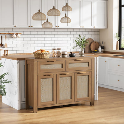 Garvee Rattan Buffet Cabinet, Boho Sideboard with 2 Drawers, Adjustable Shelf, High-Leg Storage Cabinet with Anti-Tip Hardware,for Kitchen,Dining Room,Entryway,Living Room, Light/Dark Oak