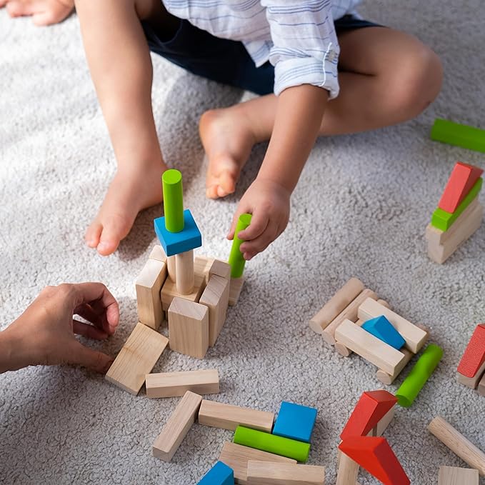 PlanToys® 40 Unit Blocks Wooden Montessori Building and Stacking Toy | Early STEM Fine Motor Creativity and Problem Solving Activity | Eco Friendly Educational Open Ended Play Set