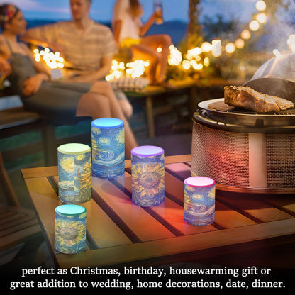 ALAZA Oil Painting Starry Night Sunflower Flickering Flameless Candles Pillar Led Candles Battery Operated Candles with Remote and Timers Set of 2