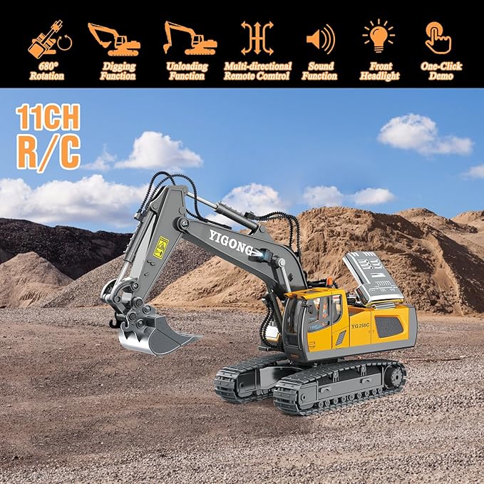 Remote Control Bulldozer - 11 Channel RC Dozer Front Loader Toy with Light and Sound - 1/24 Full Construction Vehicle Toys for Kids Age 6 7 8 9 10 and Up Years Old