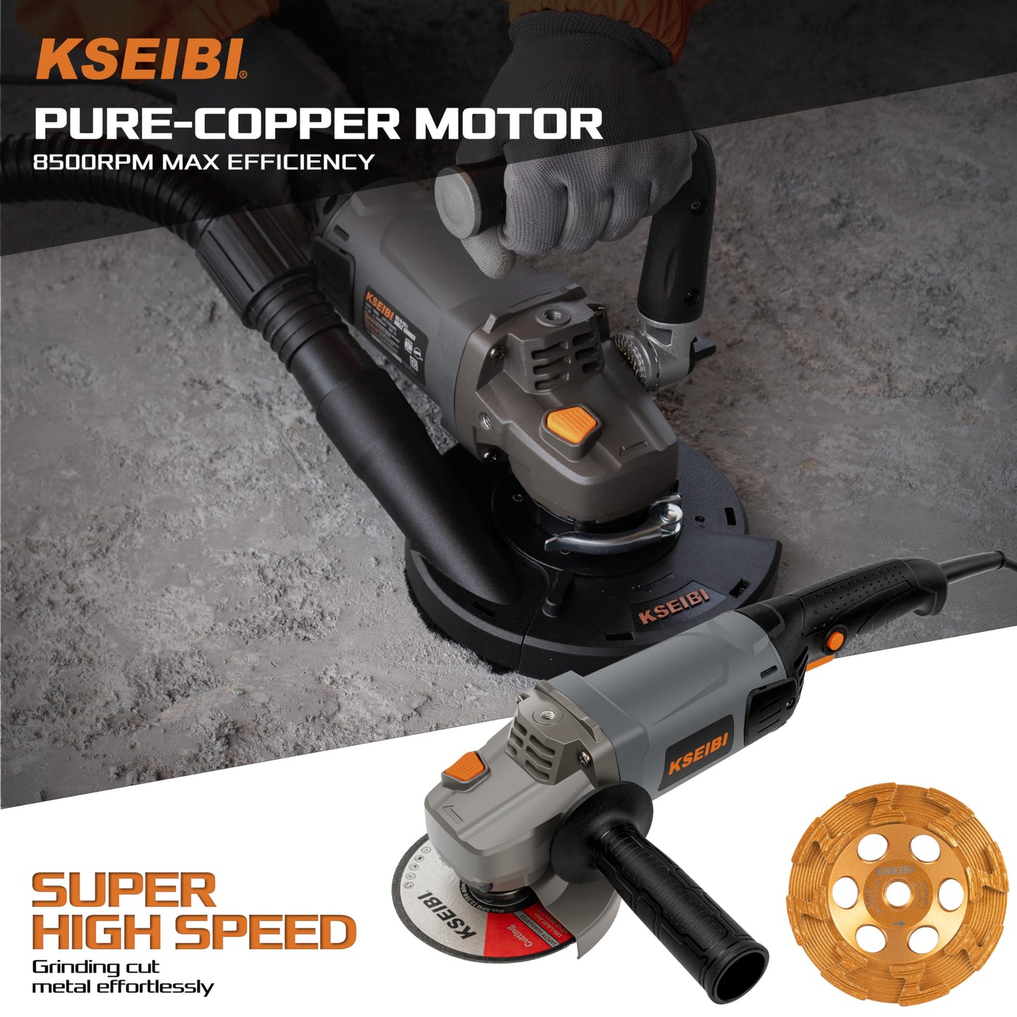 KSEIBI Concrete Angle Grinder Machine 5-Inch, Metal Grinding Tools 11.5Amps (1400 watt) with Safety Guard, Diamond Cup Wheel, Dust Shroud, and Carry Bag